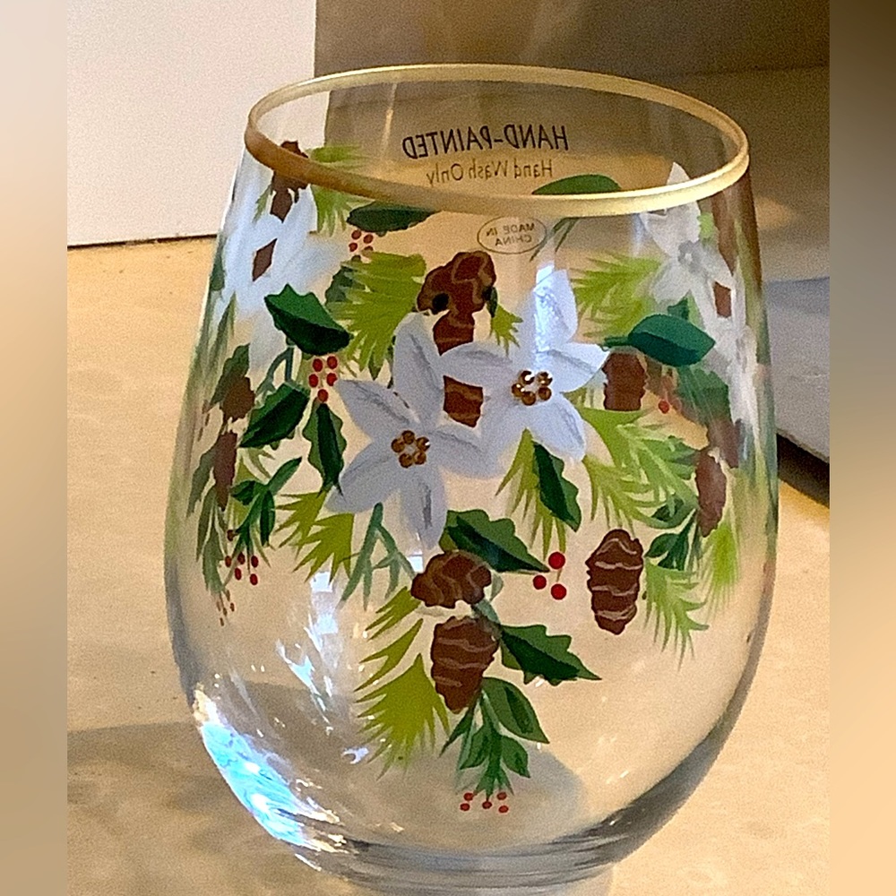 BNWT hand painted jeweled winter scene wine glass